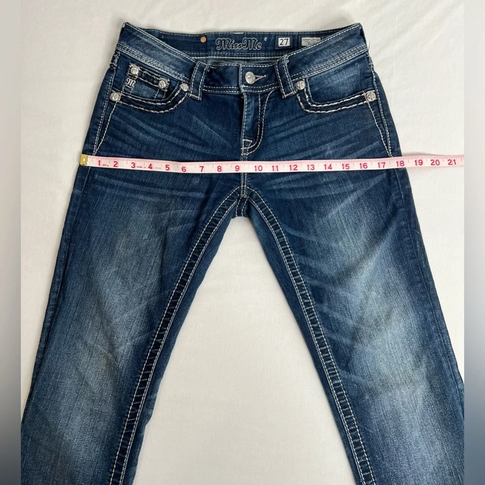 Miss Me  Low Rise Dark Wash Rhinestone Faux Flap Pocket Jean Sze 27 (30X28.5) - Picture 5 of 10